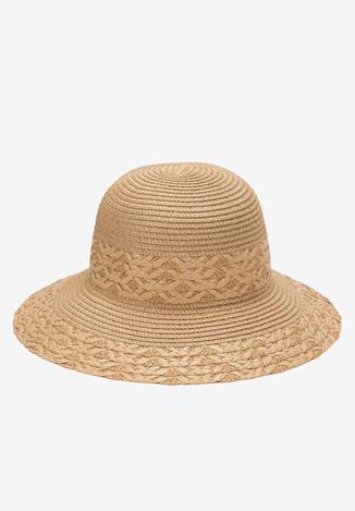 Beżowy Ozdobiony Plecionką Kapelusz z Szerokim Rondem Cherocia