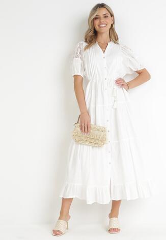 Biała Bawełniana Sukienka Maxi z Plecionym Paskiem i Koronkowymi Wstawkami Toshtti