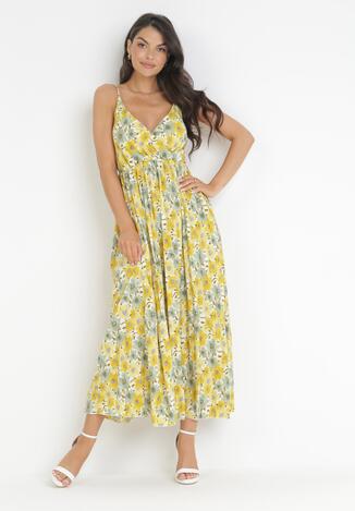 Żółta Plisowana Sukienka Maxi na Cienkich Regulowanych Ramiączkach Iazza