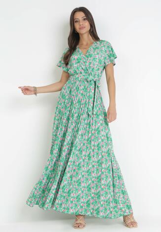 Zielona Sukienka Maxi z Plisowanym Dołem i Gumką w Pasie Maal