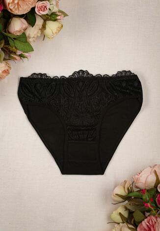 Czarne Majtki Figi z Ażurową Koronką z Przodu Jamna