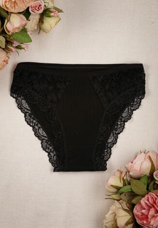 Czarne Prążkowane Majtki Figi z Koronką Arielis