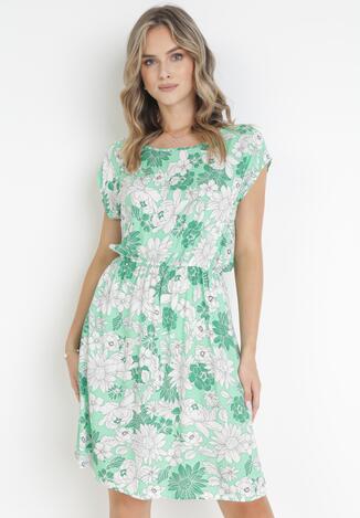 Zielona Wiskozowa Sukienka Mini w Kwiaty z Gumką w Pasie Charmain