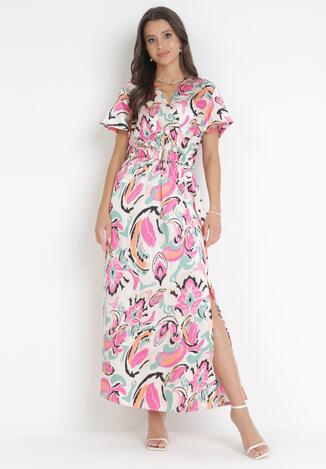 Różowa Rozkloszowana Sukienka Maxi z Kopertowym Dekoltem i Gumką w Pasie Nildena