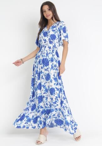 Niebieska Rozkloszowana Sukienka z Wiskozy w Kwiaty Rawnie