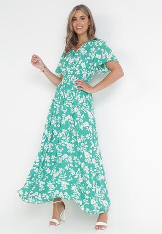 Zielona Wiskozowa Sukienka Maxi z Gumkami w Talii i Kopertowym Dekoltem Olemenia