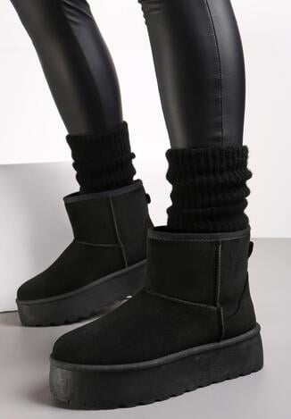 Czarne Śniegowce na Platformie z Przeszyciami i Futerkiem Vento