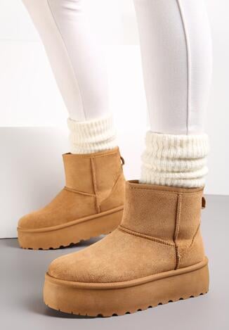 Brązowe Śniegowce na Platformie z Przeszyciami i Futerkiem Vento