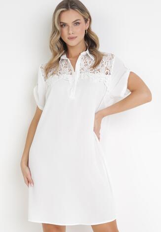 Biała Koszulowa Sukienka z Koronką Jetana