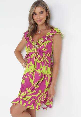 Fioletowa Sukienka Mini z Ozdobnym Dekoltem i Gumką w Pasie w Kwiaty Senodola