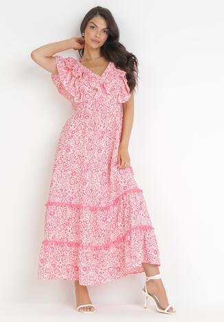 Różowa Rozkloszowana Sukienka Maxi z Ozdobnym Dekoltem i Gumką w Talii z Wiskozy Adyni