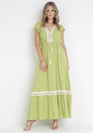 Zielona Rozkloszowana Sukienka Maxi z Wiskozy i Wiązaniem przy Dekolcie Venali