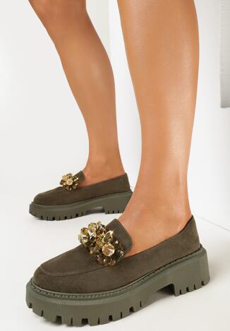 Zielone Mokasyny na Grubej Podeszwie z Kryształkami Violca