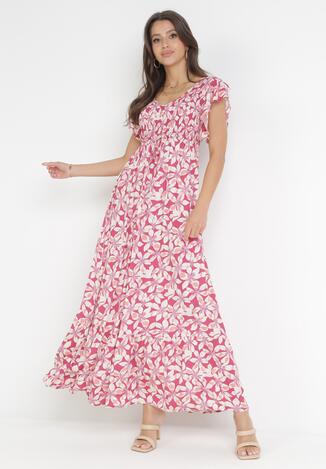 Różowa Rozkloszowana Sukienka Maxi z Wiskozy w Kwiaty Bathan