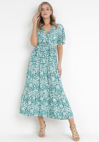 Zielona Wiskozowa Maxi Sukienka z Kopertowym Dekoltem i Materiałowym Paskiem Britilla