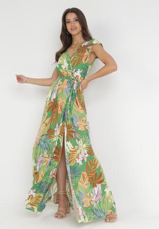 Zielona Sukienka Maxi z Kopertowym Dekoltem w Kwiaty Nasham
