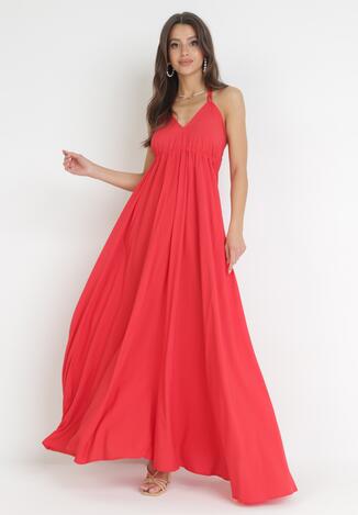Czerwona Rozkloszowana Sukienka Maxi z Wiązaniem na Szyi Cathenia