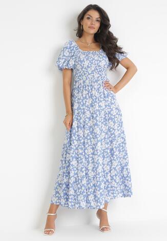 Niebieska Rozkloszowana Sukienka Maxi w Kwiaty Casceia
