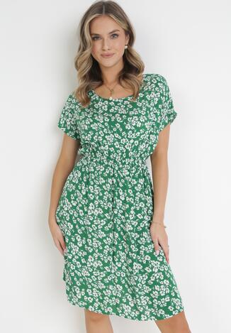Zielona Sukienka z Wiskozy w Kwiaty i Gumką w Pasie Alixeme