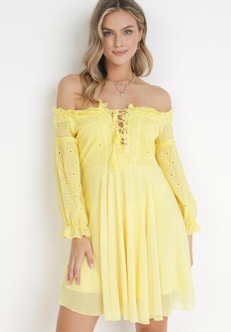 Żółta Sukienka Mini ze Sznurowaniem Ozdobiona Koronką Olymetina