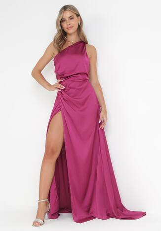 Fioletowa Asymetryczna Sukienka na Jedno Ramię z Kopertowym Dołem Emmellis