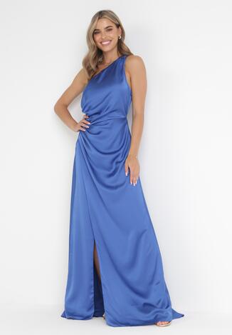 Niebieska Asymetryczna Sukienka na Jedno Ramię z Kopertowym Dołem Emmellis