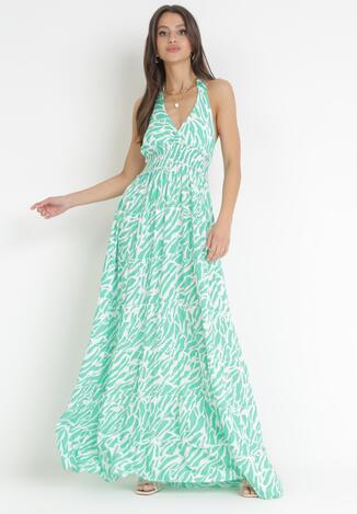 Zielona Rozkloszowana Sukienka Maxi z Wiązaniem na Szyi Persina