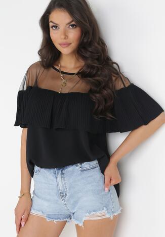 Czarna Bluzka z Plisowaną Falbaną i Wstawką z Siateczki Annabika