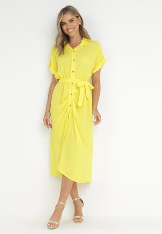 Żółta Koszulowa Sukienka Midi z Gumką w Talii i Materiałowym Paskiem z Wiskozy Skeisa