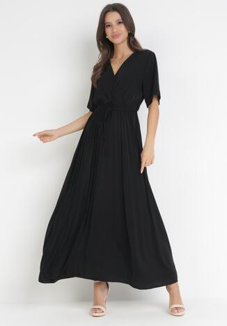 Czarna Sukienka Plisowana Maxi z Wiązanym Paskiem Dianiza