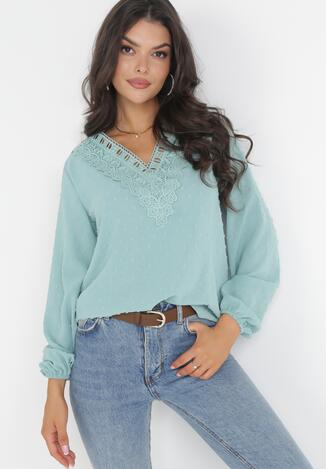 Miętowa Bluzka z Koronką i Tkaniną Plumeti Manthe