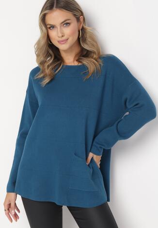 Granatowy Sweter z Długim Rękawem i Kieszonką Laydell