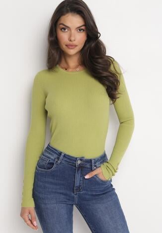 Jasnozielony Sweter z Prążkowanej Dzianiny i Długim Rękawem Kylon