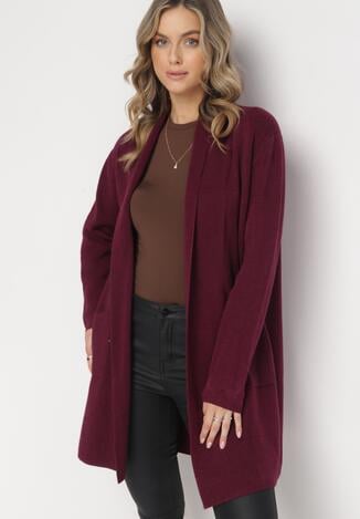 Ciemnofioletowy Długi Kardigan Niezapinany z Kieszeniami Keeleb