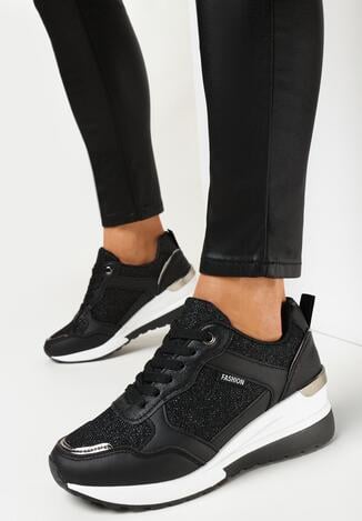 Czarne Sneakersy na Niskim Koturnie z Metalową Wstawką Ozdobione Brokatem Eudaina