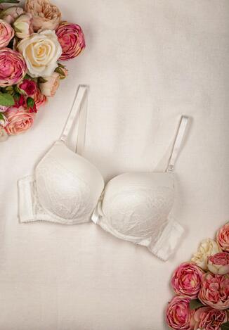 Beżowy Biustonosz Push-Up Ozdobiony Koronką i Kokardką Iocco