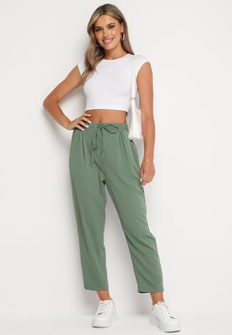 Zielone Spodnie z Gumką w Pasie Ściągane Troczkiem i z Kieszeniami Maylai