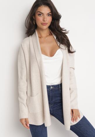 Beżowy Casualowy Kardigan z Długim Rękawem z Kieszeniami Melissene