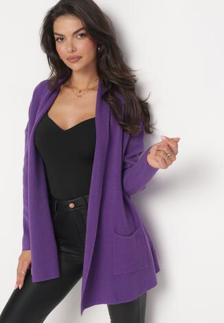 Fioletowy Casualowy Kardigan z Długim Rękawem z Kieszeniami Melissene