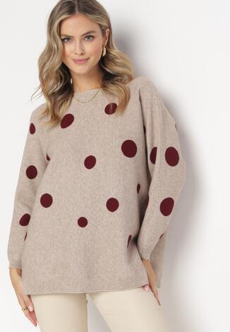 Beżowy Sweter w Kropki z Długim Rękawem i Okrągłym Dekoltem Rhette