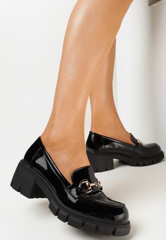 Czarne Mokasyny na Niskim Słupku z Klamerką Prospene