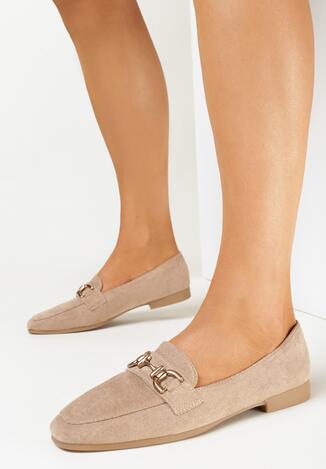 Ciemnobeżowe Mokasyny na Płaskiej Podeszwie z Metalową Ozdobą Zivris