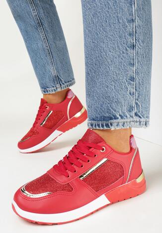 Czerwone Sneakersy na Płaskiej Podeszwie Ozdobione Brokatem Mayna