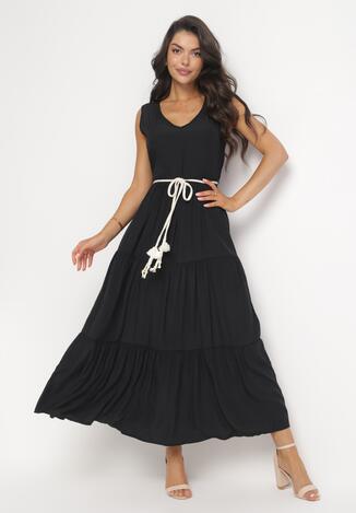 Czarna Rozkloszowana Sukienka Maxi z Plecionym Sznurkiem w Talii Ralica