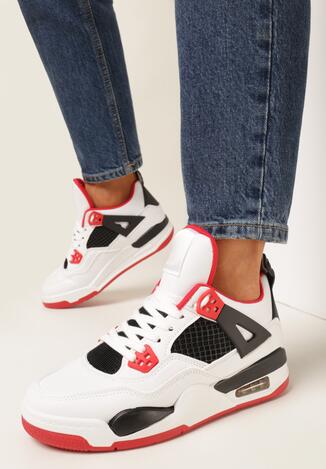 Biało-Czerwone Sneakersy na Płaskiej Podeszwie z Ozdobnymi Przeszyciami i Zaczepami Kawla