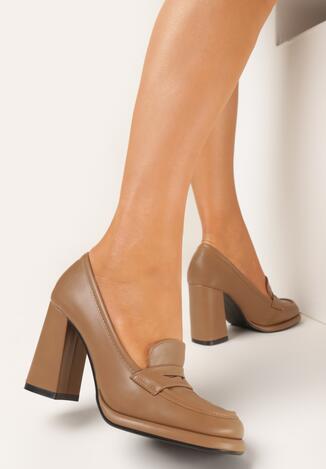 Brązowe Wsuwane Półbuty na Słupku z Imitacji Skóry Paysley