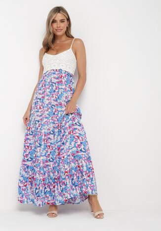Niebieska Maxi Sukienka z Wiskozy na Cienkich Ramiączkach w Kwiaty Kernet