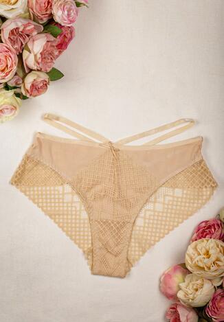 Beżowe Bawełniane Majtki Figi Wykończone Koronką i Ozdobnymi Paskami Valioppe