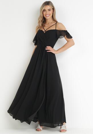 Czarna Maxi Sukienka o Rozkloszowanym Fasonie na Cienkich Skrzyżowanych Ramiączkach Hendina