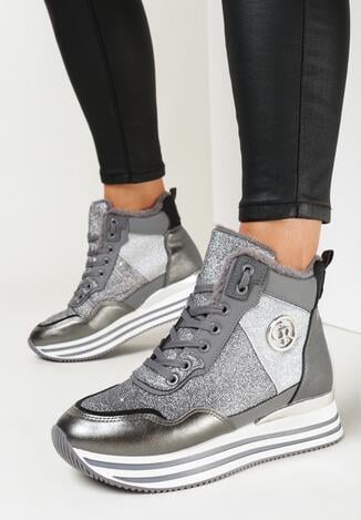 Szare Płaskie Botki na Grubej Podeszwie z Brokatem i Sznurowaniem Entelo